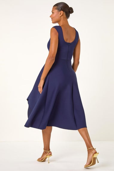 Roman Navy Asymmetric Flared Hem Midi Dress