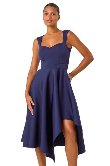 Roman Navy Asymmetric Flared Hem Midi Dress