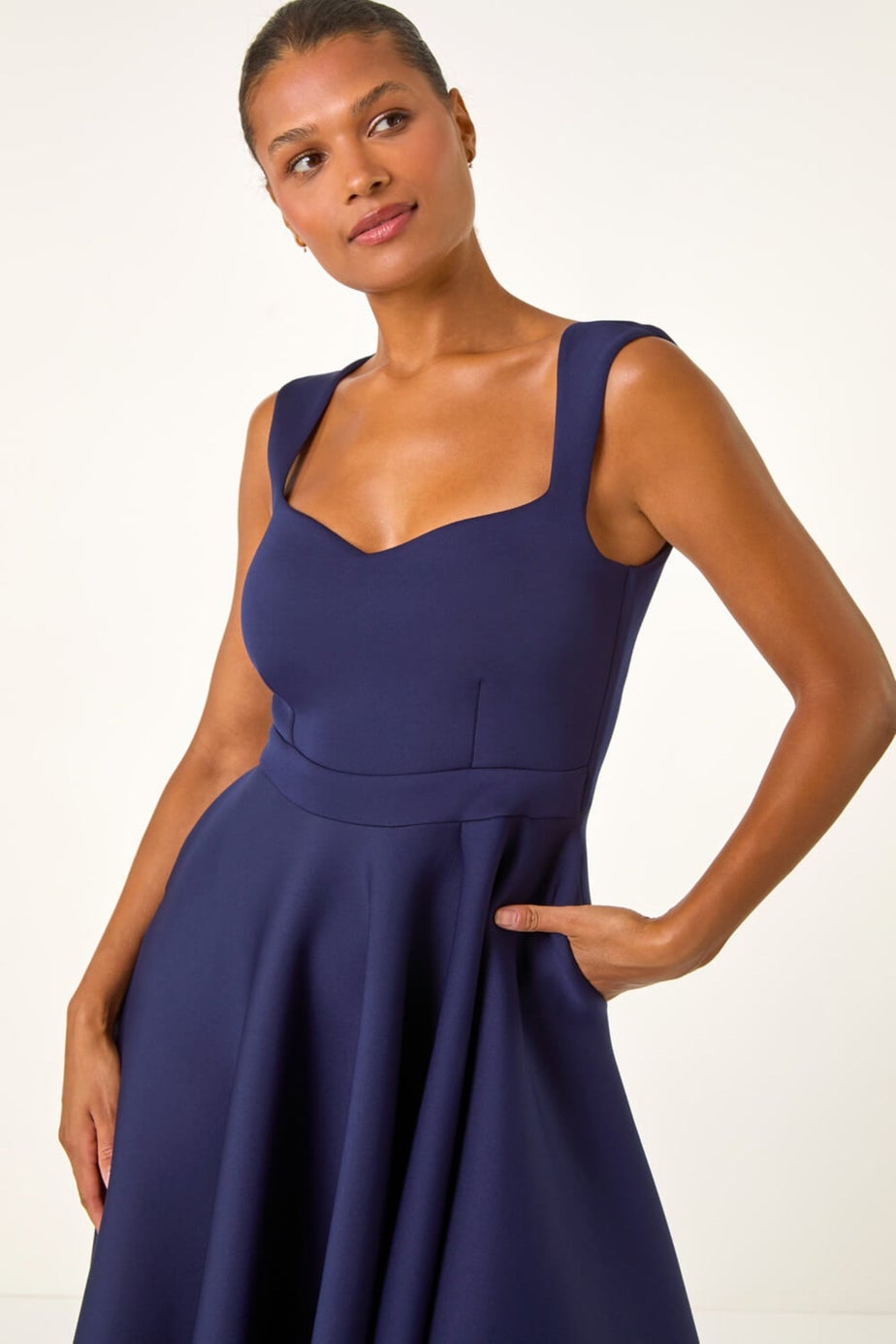 Roman Navy Asymmetric Flared Hem Midi Dress