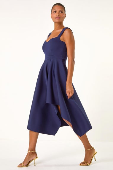 Roman Navy Asymmetric Flared Hem Midi Dress