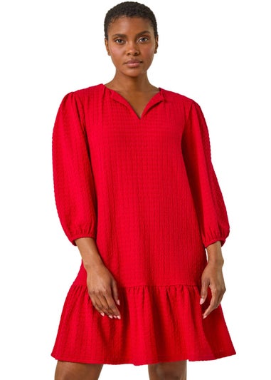 Roman Red Textured V-Neck Frill Hem Smock Dress