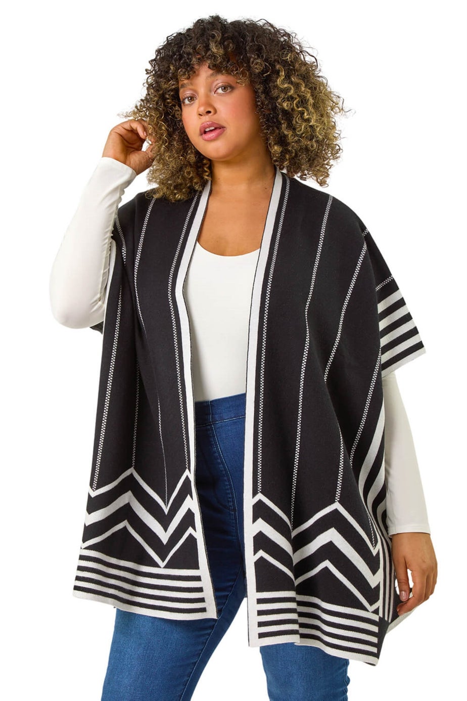 Roman Black Curve Stripe Hem Square Poncho