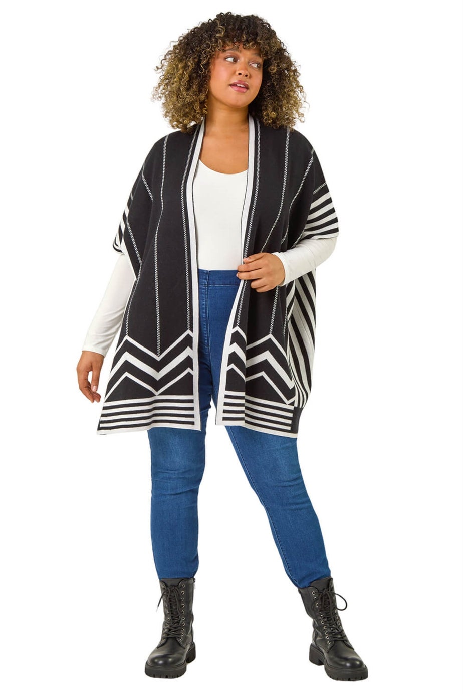 Roman Black Curve Stripe Hem Square Poncho