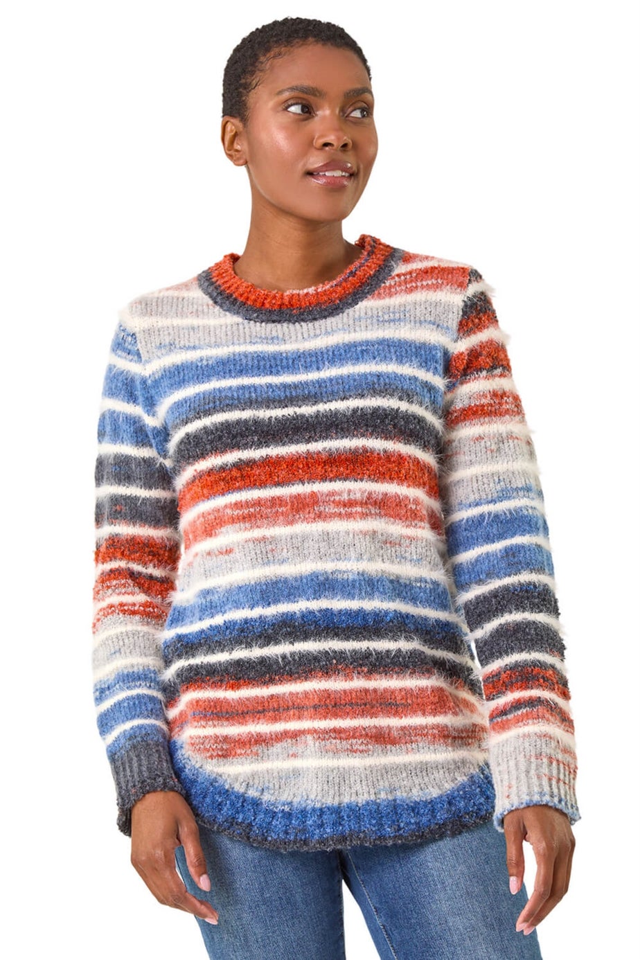 Roman Denim Fluffy Striped Curve Hem Jumper