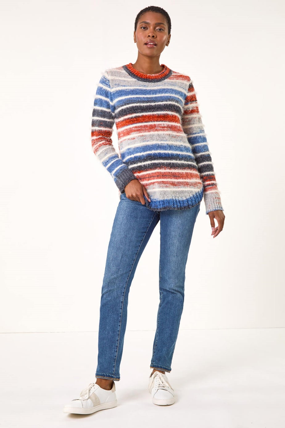 Roman Denim Fluffy Striped Curve Hem Jumper