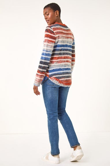 Roman Denim Fluffy Striped Curve Hem Jumper