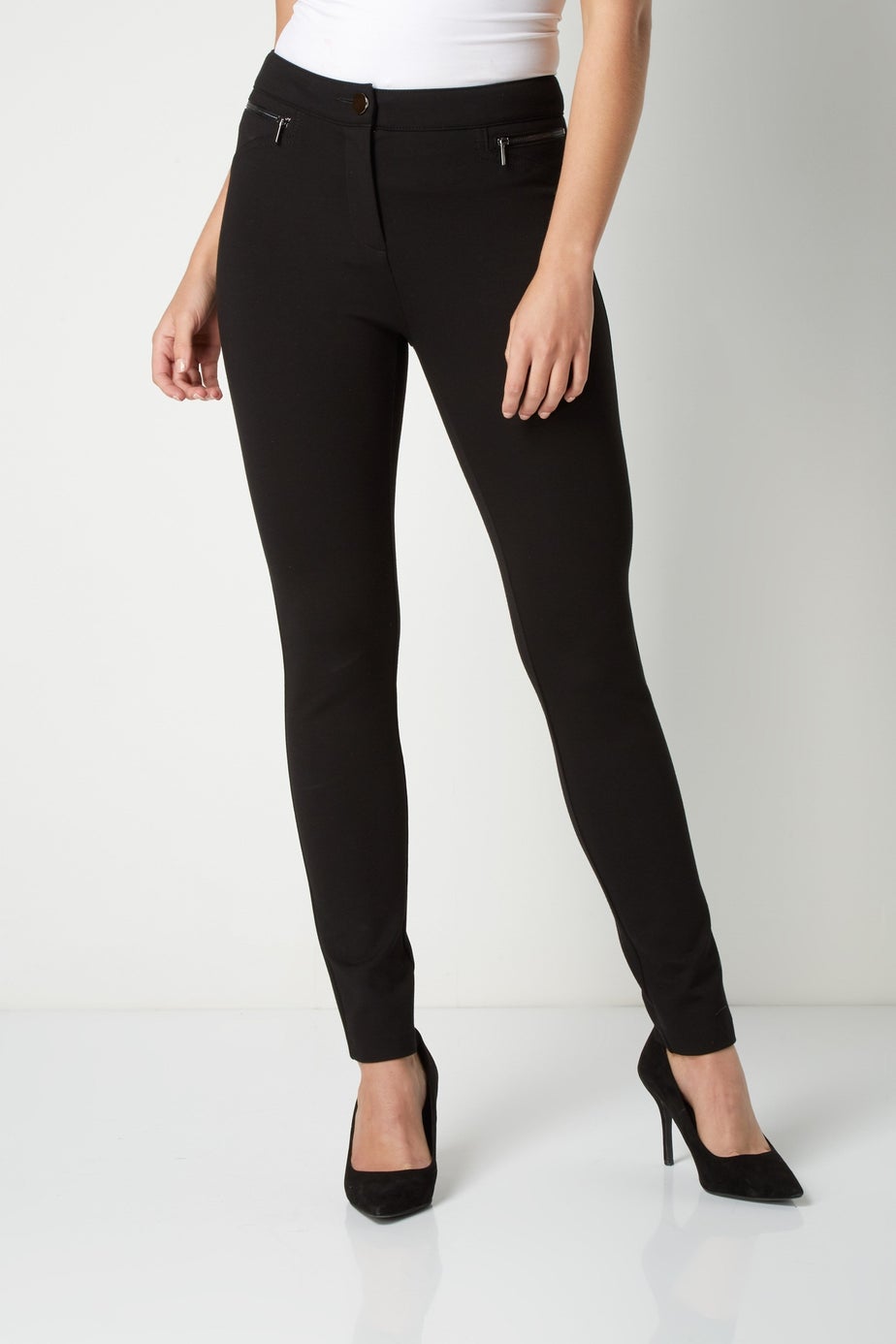 Roman Black Long Leg Zip Detail Stretch Trouser