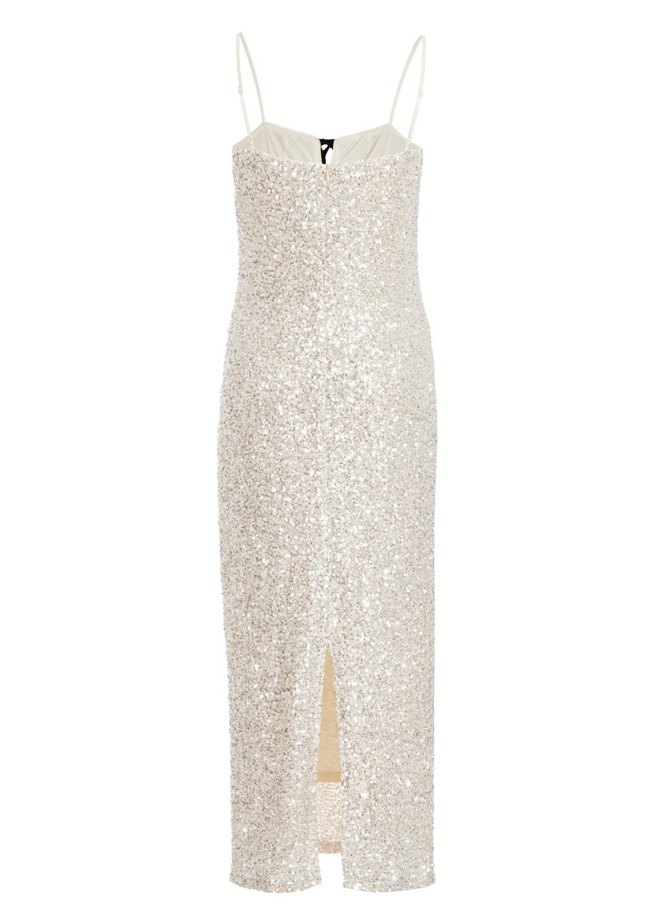Quiz Silver Sequin Bow Front Midaxi Dress
