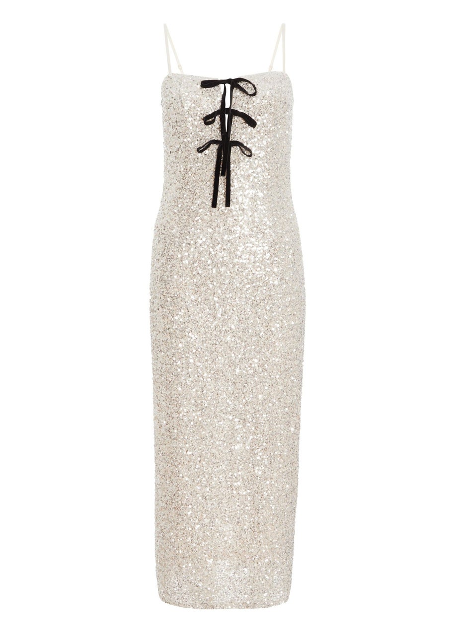 Quiz Silver Sequin Bow Front Midaxi Dress