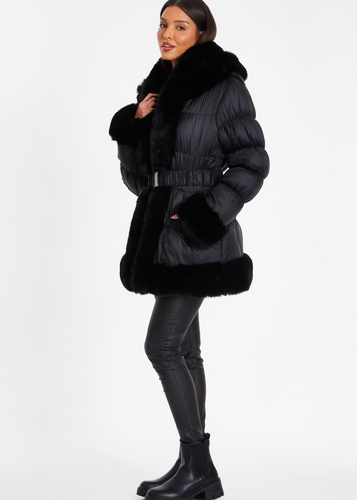 Quiz Black Padded Faux Fur Trim Jacket - Matalan