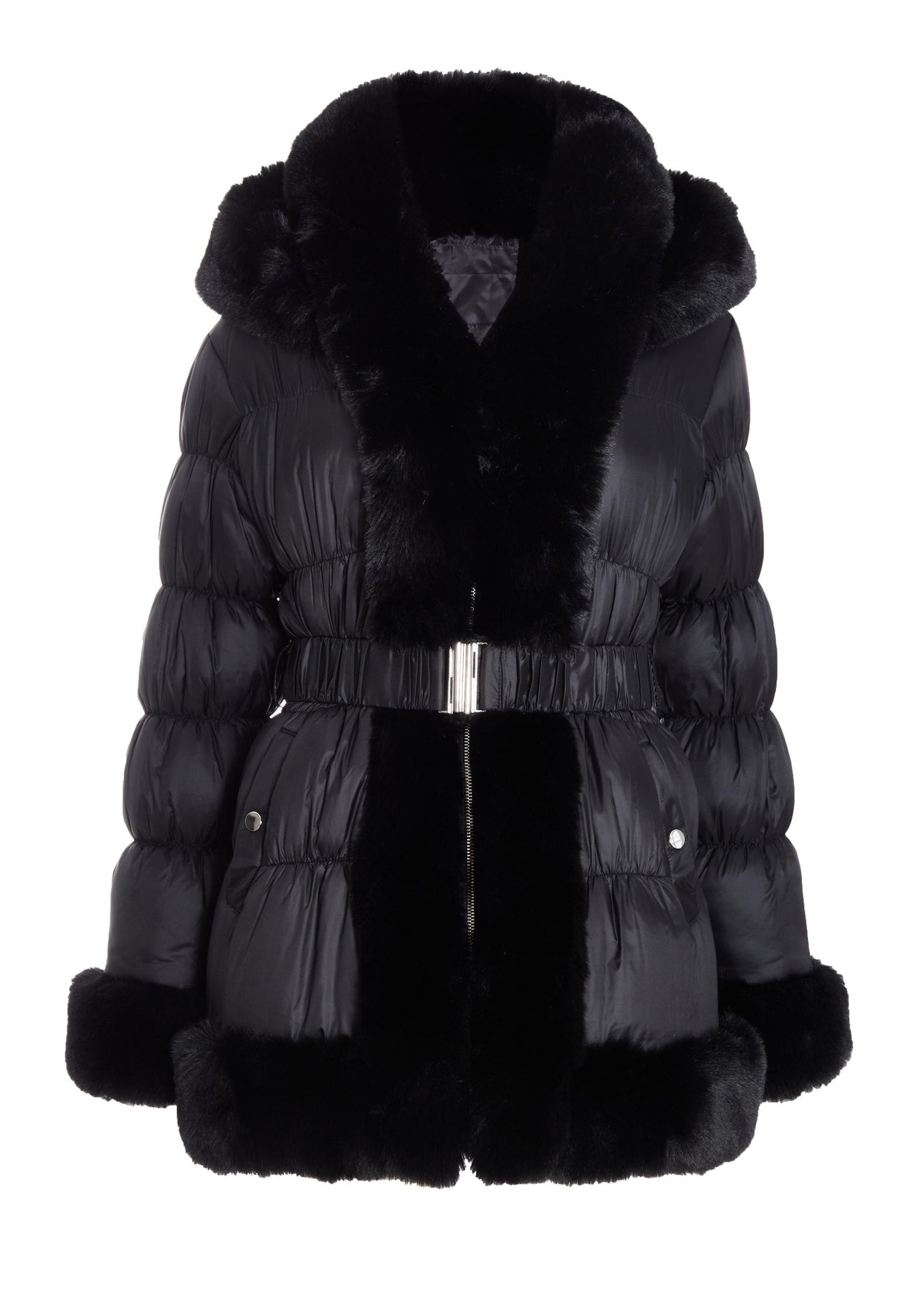 Quiz Black Padded Faux Fur Trim Jacket - Matalan