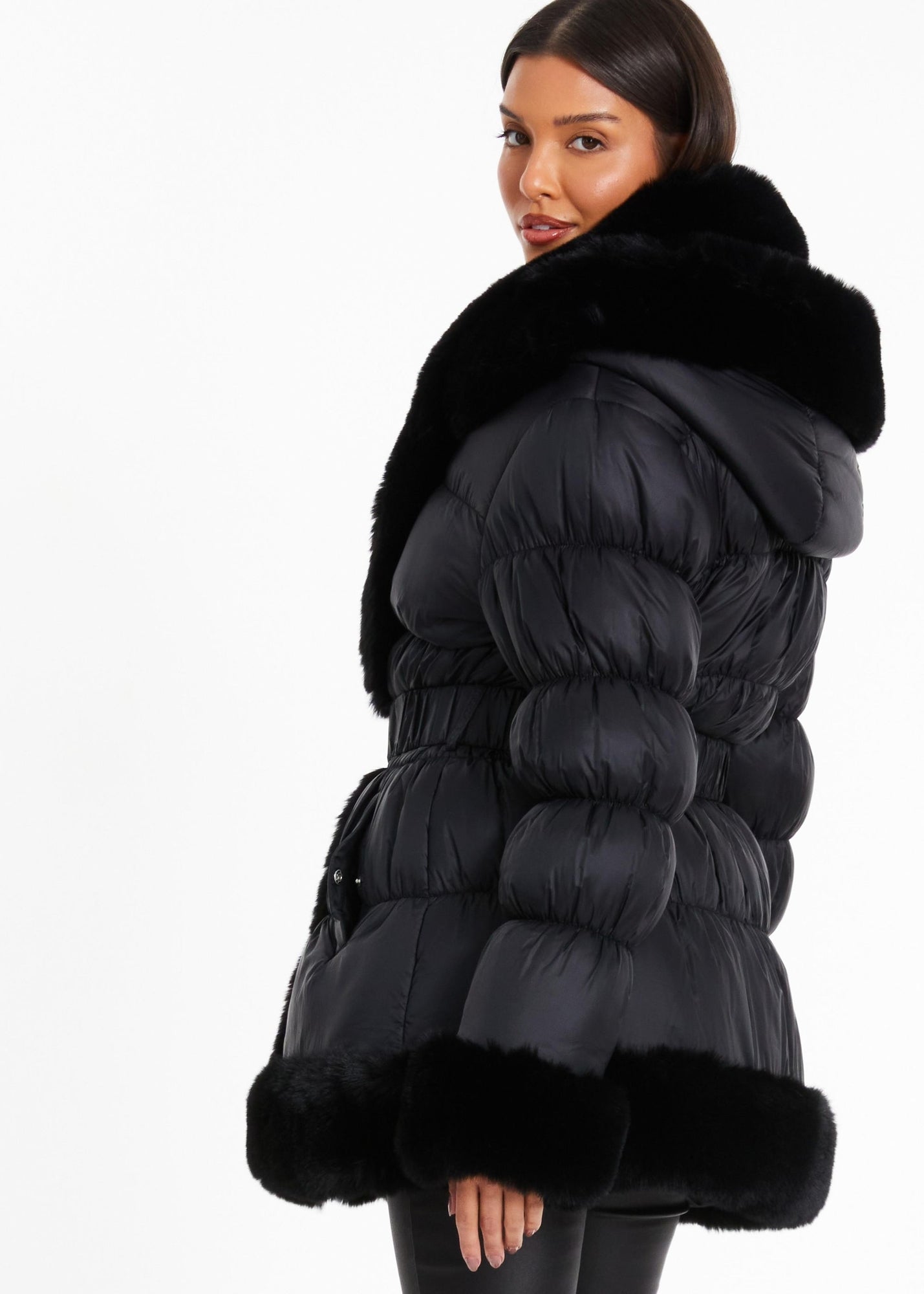 Quiz Black Padded Faux Fur Trim Jacket - Matalan