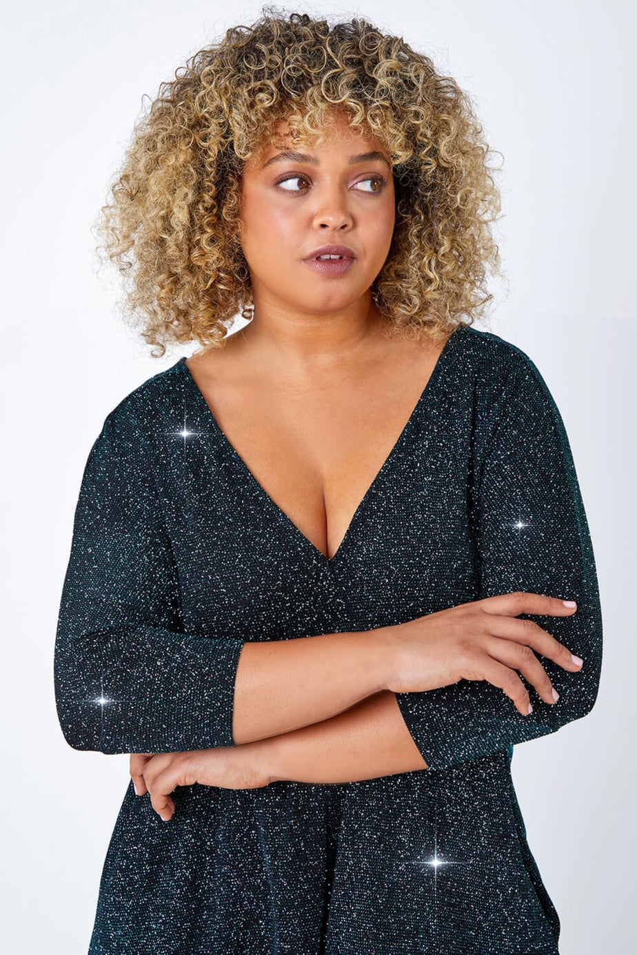 Roman Teal Curve Back Bar Glitter V-Neck Stretch Top