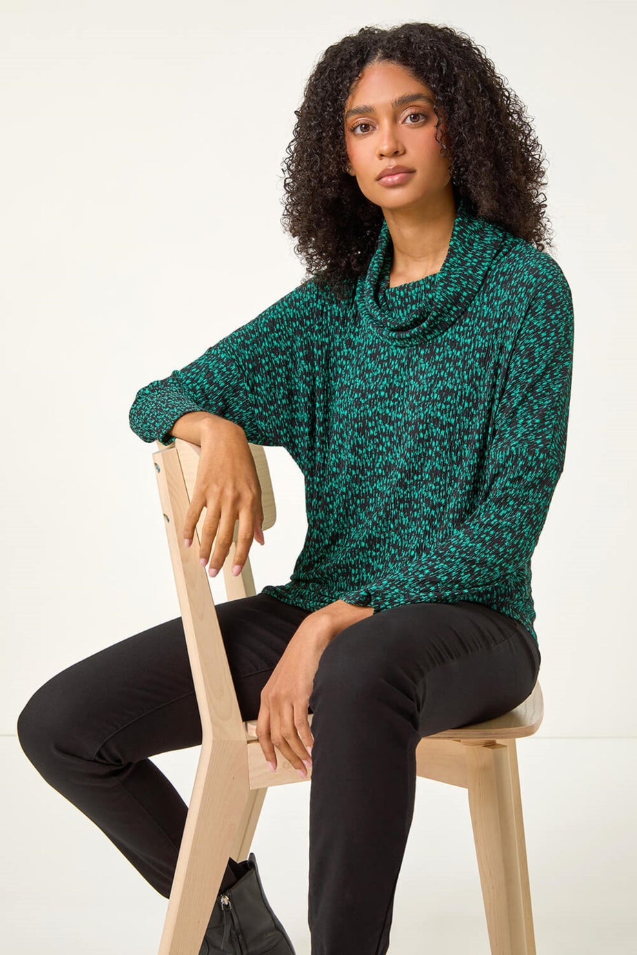Roman Green Print Relaxed Cowl Neck Tunic Top
