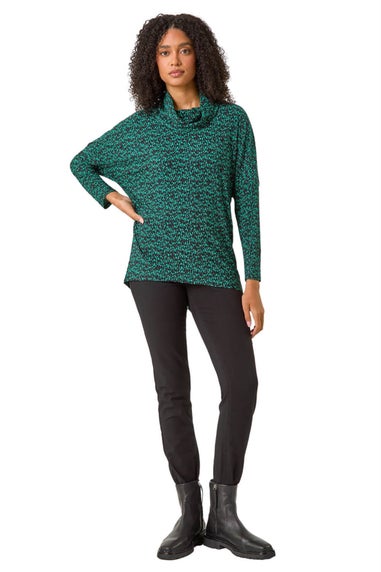 Roman Green Print Relaxed Cowl Neck Tunic Top