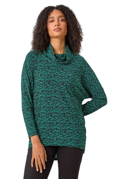 Roman Green Print Relaxed Cowl Neck Tunic Top
