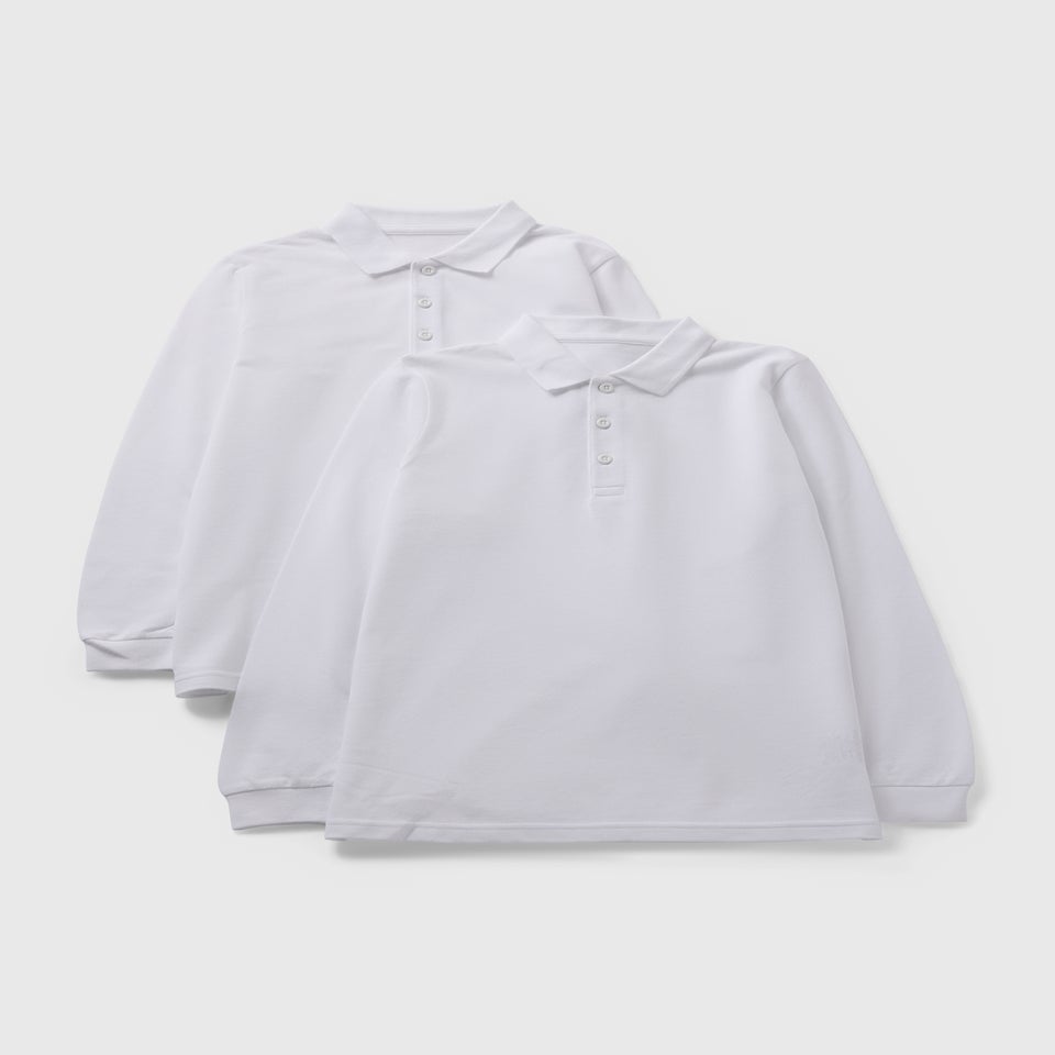 2 Pack Kids White Long Sleeve Polo Shirts (4-13yrs)