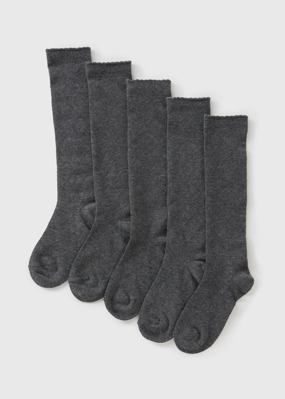 5 Pack Girls Grey Diamond Knee High Socks (Younger 6-Older 6.5)