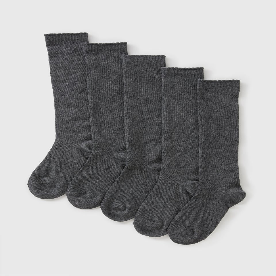 5 Pack Girls Grey Diamond Knee High Socks (Younger 6-Older 6.5)