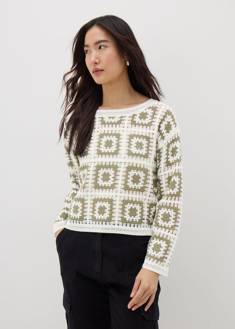 Papaya Petite Green Crochet Patchwork Jumper