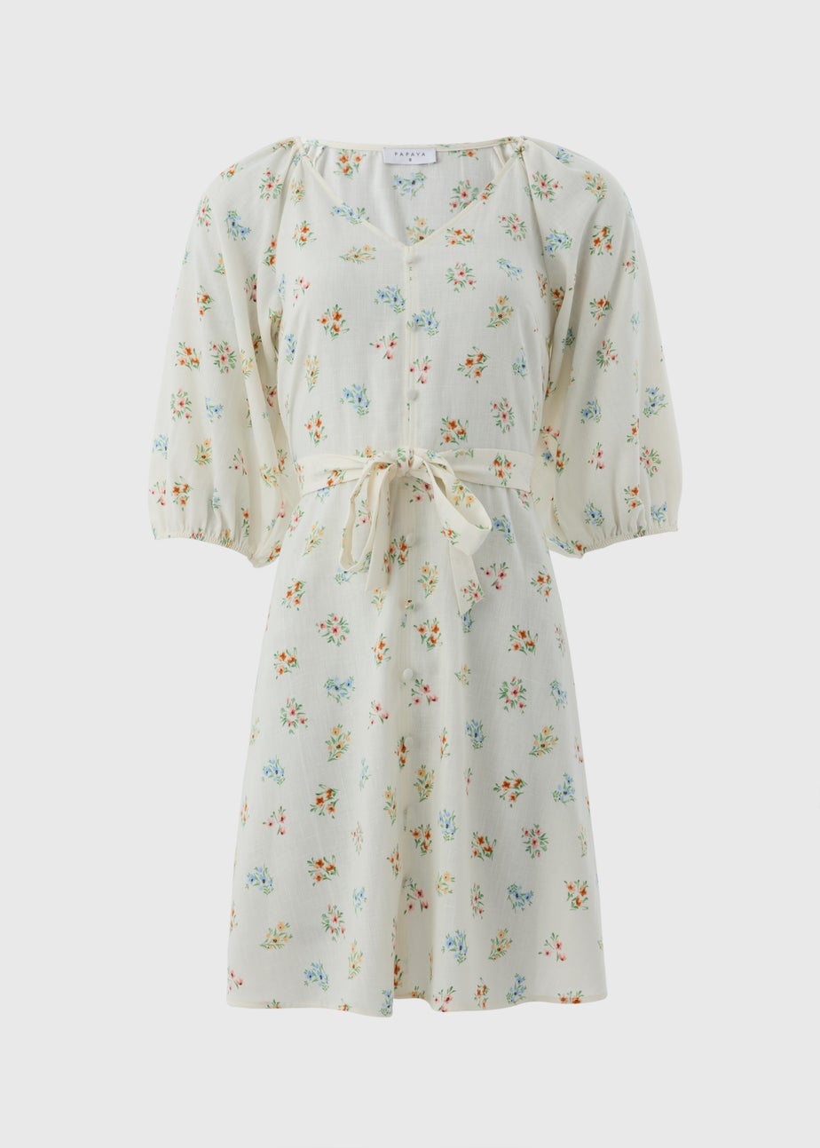 Cream Ditsy Floral Belted Mini Tea Dress