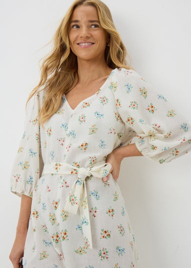 Cream Ditsy Floral Belted Mini Tea Dress
