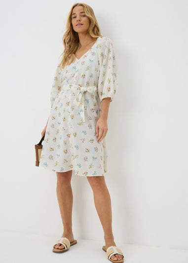 Cream Ditsy Floral Belted Mini Tea Dress