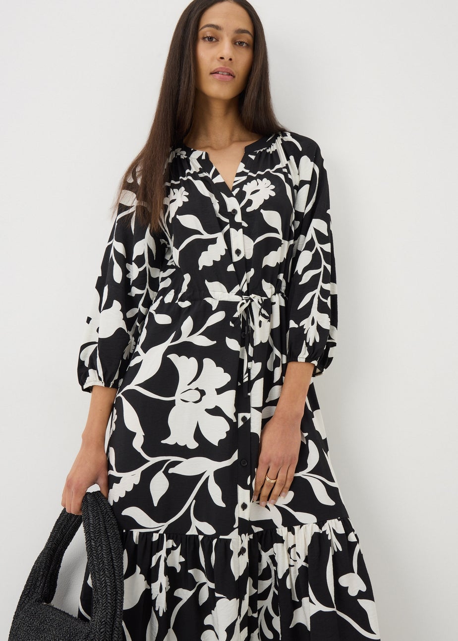 Black Floral Raglan Midi Shirt Dress
