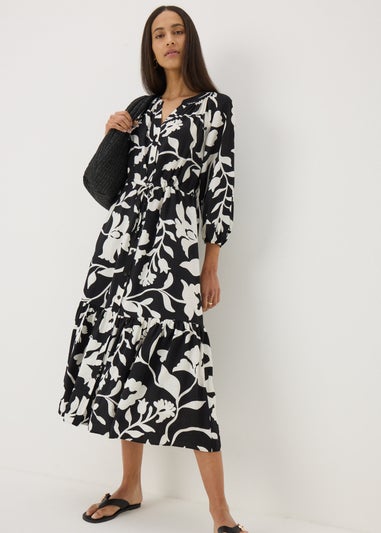 Black Floral Raglan Midi Shirt Dress