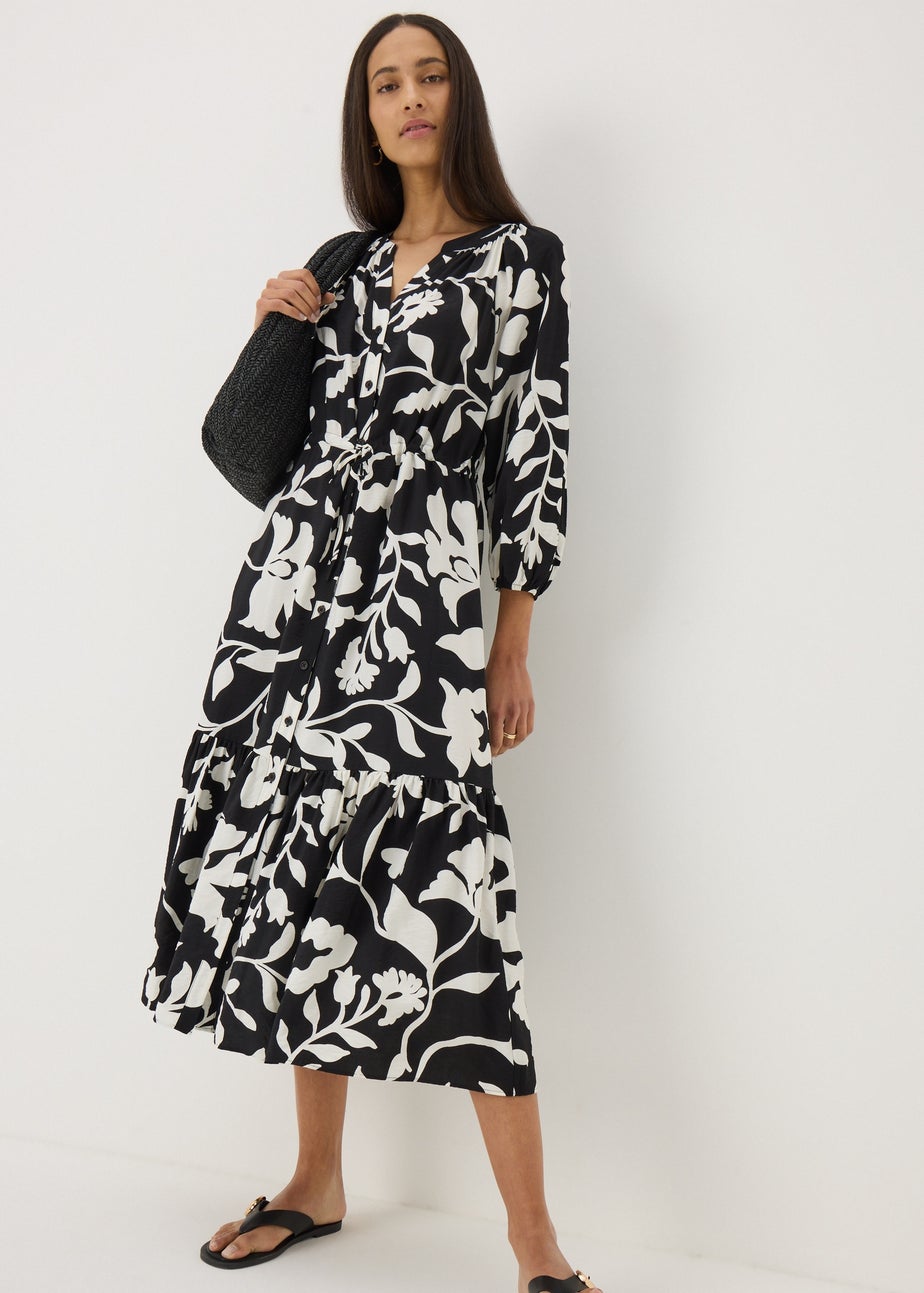 Black Floral Raglan Midi Shirt Dress