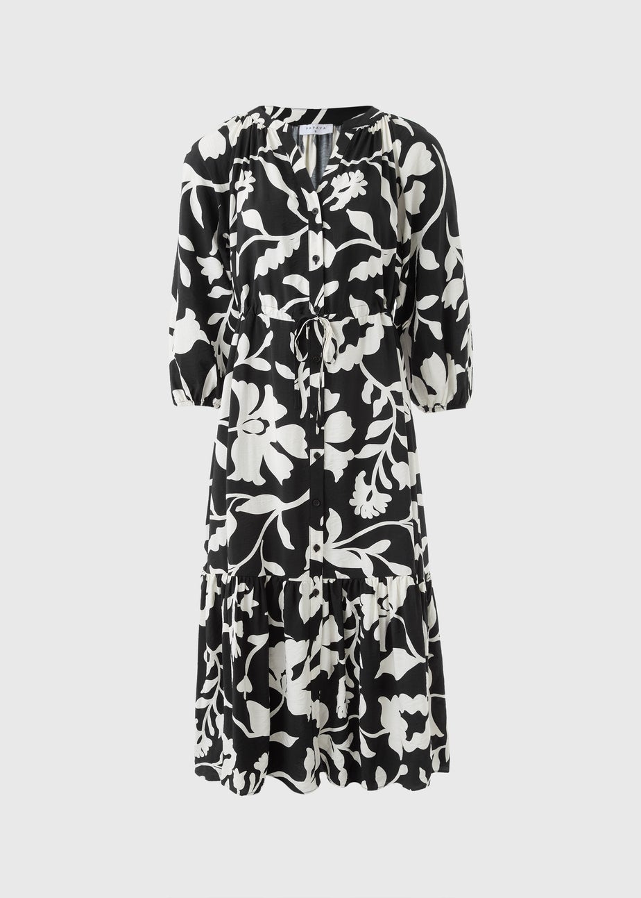 Black Floral Raglan Midi Shirt Dress