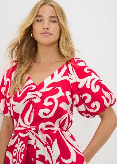 Red Floral Belted Mini Tea Dress