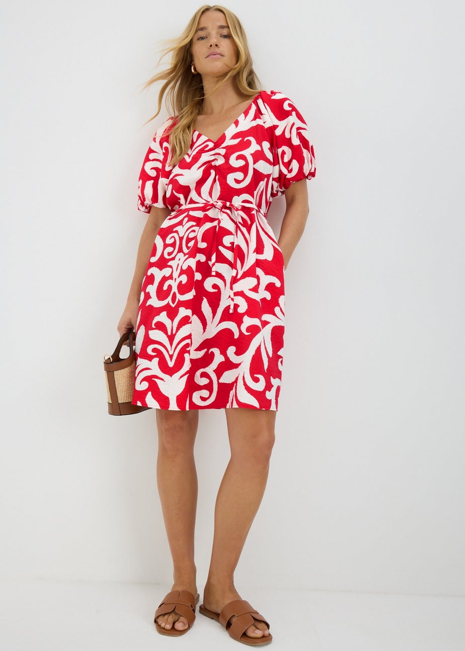 Red Floral Belted Mini Tea Dress