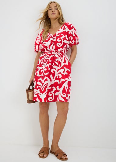 Red Floral Belted Mini Tea Dress