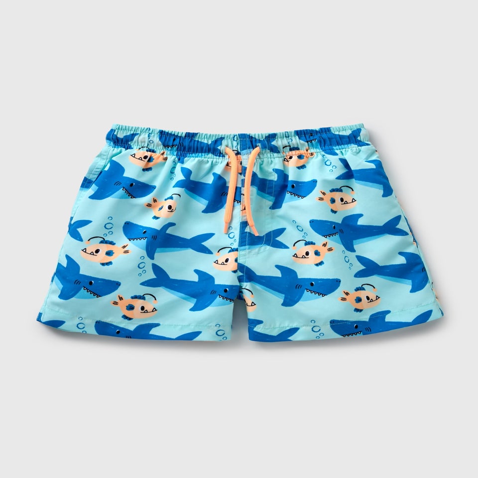 Boys Blue Shark & Fish Swim Shorts (1-7yrs)