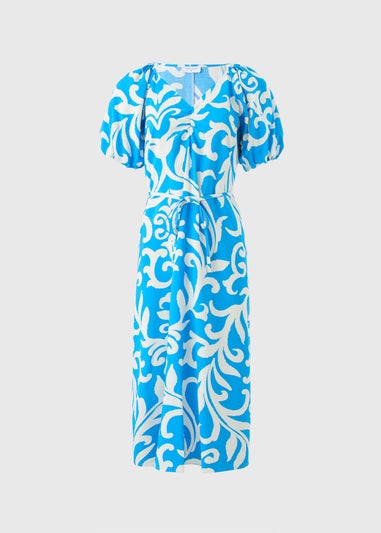 Blue Patterned Tie Waist Midi Dress