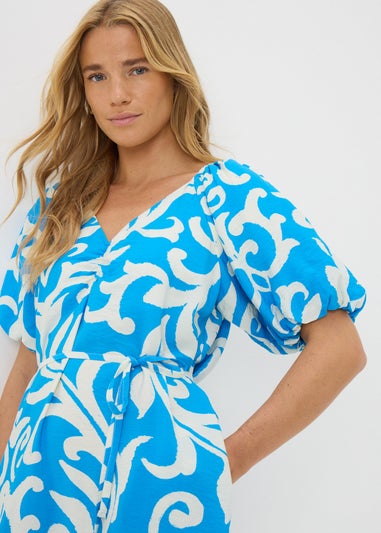 Blue Patterned Tie Waist Midi Dress