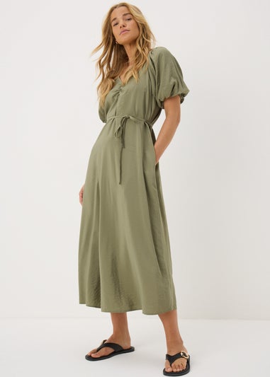 Khaki Tie Waist Midi Dress