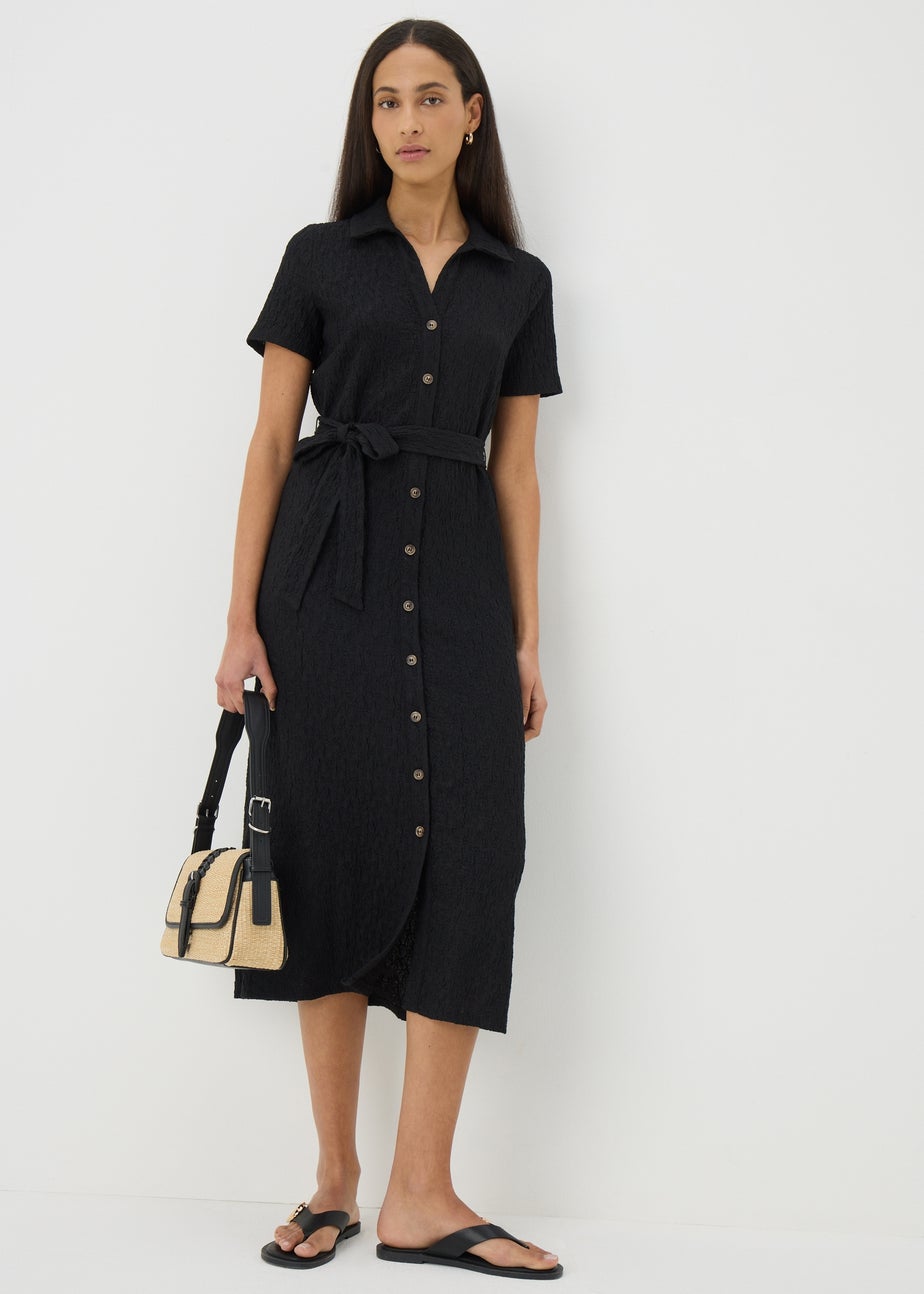 Black Textured Button Through Midi Dress