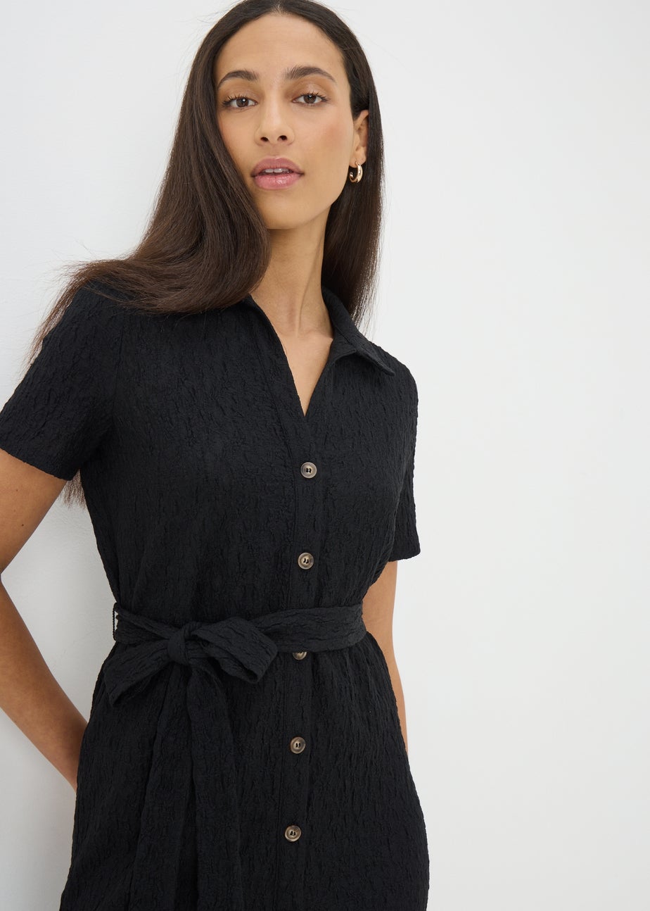 Black Textured Button Through Midi Dress