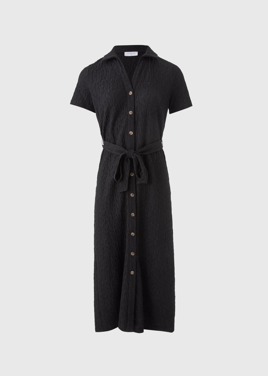 Black Textured Button Through Midi Dress