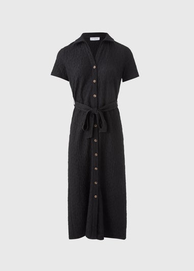 Black Textured Button Through Midi Dress