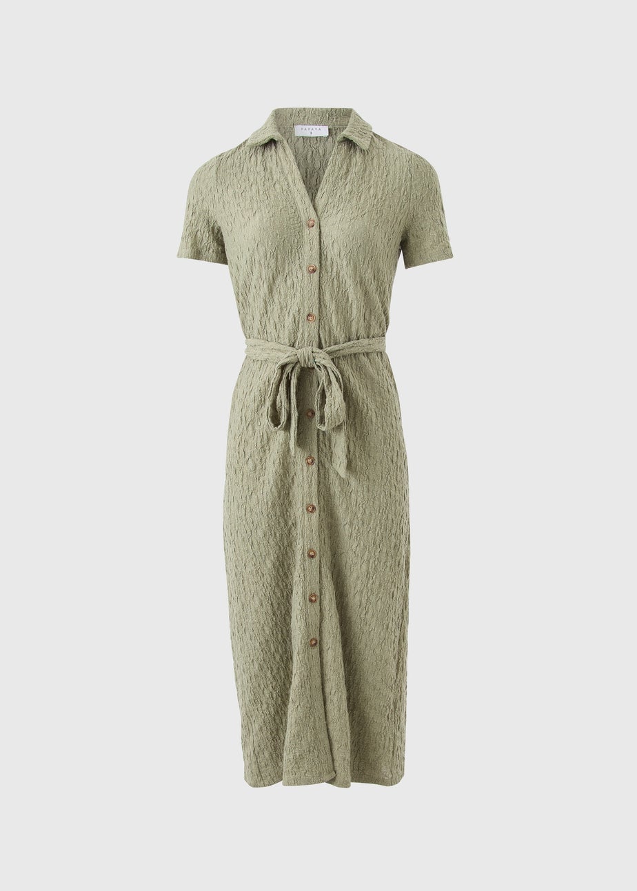 Khaki Textured Shirt Midi Dress