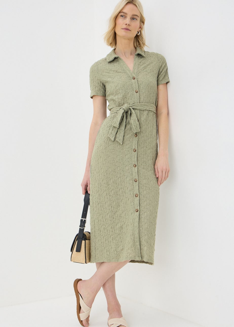Khaki Textured Shirt Midi Dress