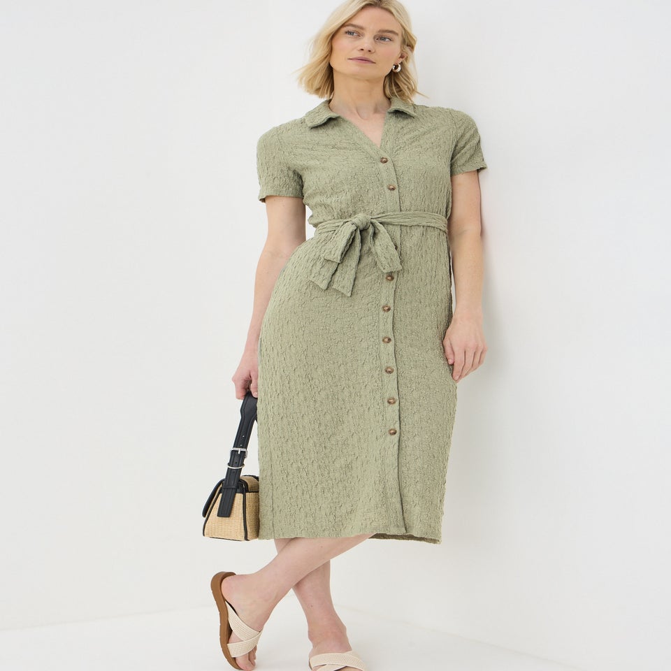 Khaki Textured Shirt Midi Dress