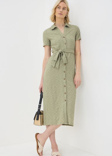 Khaki Textured Shirt Midi Dress