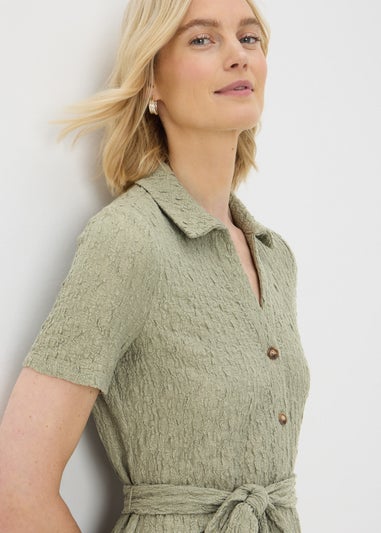 Khaki Textured Shirt Midi Dress