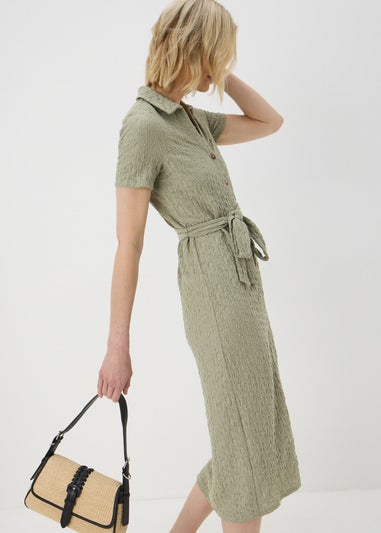 Khaki Textured Shirt Midi Dress
