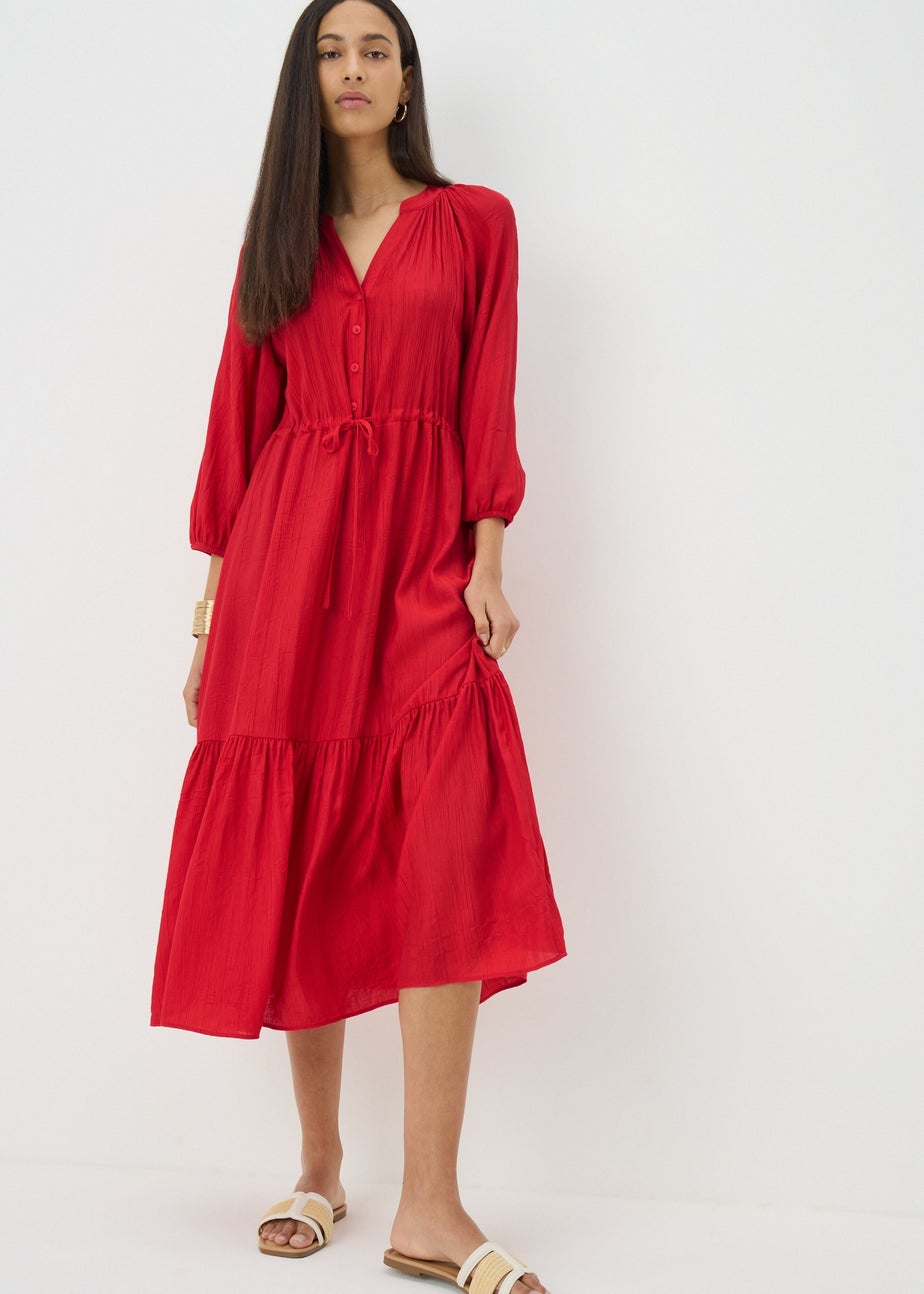 Red Raglan Midi Shirt Dress