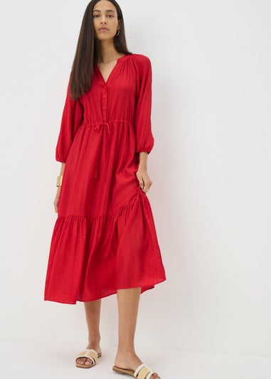 Red Raglan Midi Shirt Dress